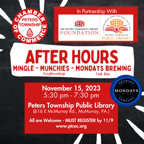 Chamber of Commerce After Hours Mixer at PT Library Complimentary Munchies, Cash Bar Mondays Brewing - November 15, 5:30-7:30 pm