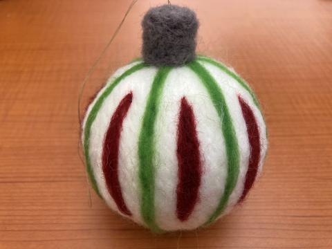 felted ornament; green and red stripes