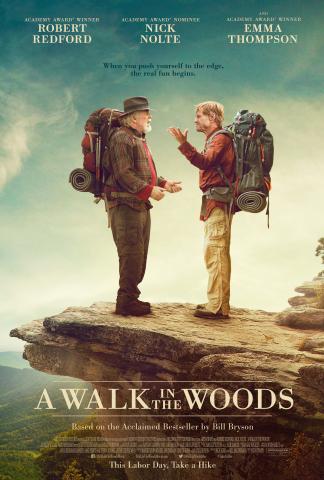 a walk in the woods movie poster - two people talking with hiking packs standing on a rocky overlook