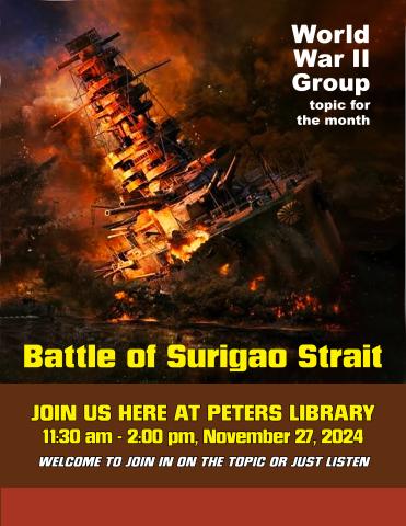 meeting poster showing navy ship on fire tipping to side in water