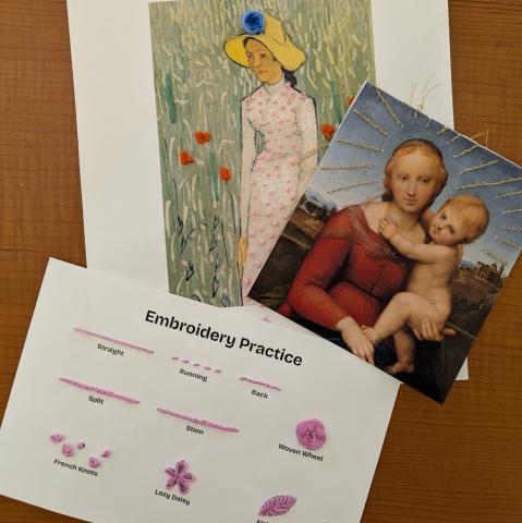 embroidery practice sheet, paintings printed on paper with embroidered details