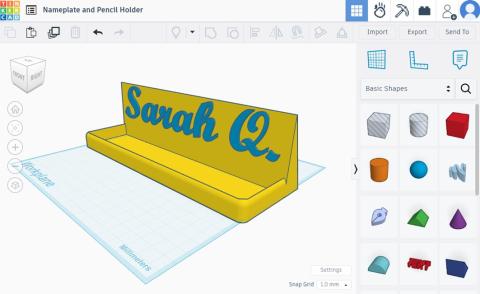 Image of Tinkercad with a 3D modeled nameplate with pencil holder