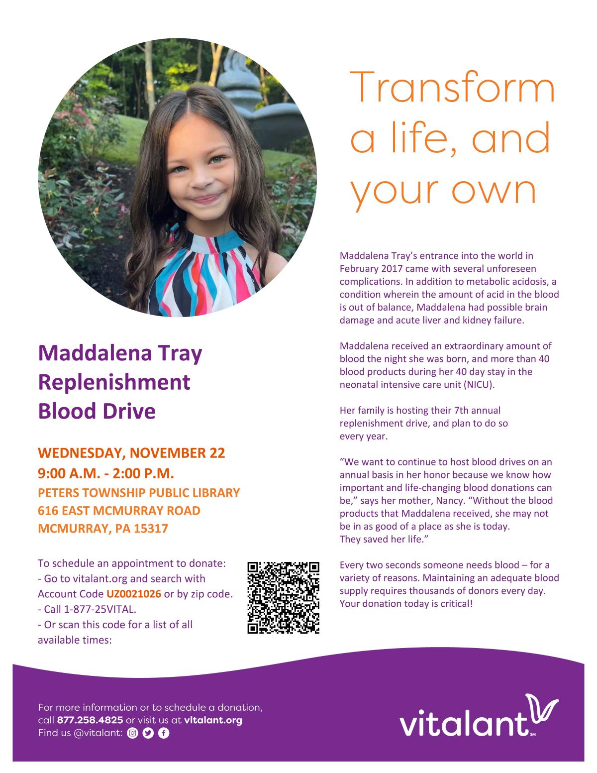 Maddalena Tray Replenishment Blood Drive flyer