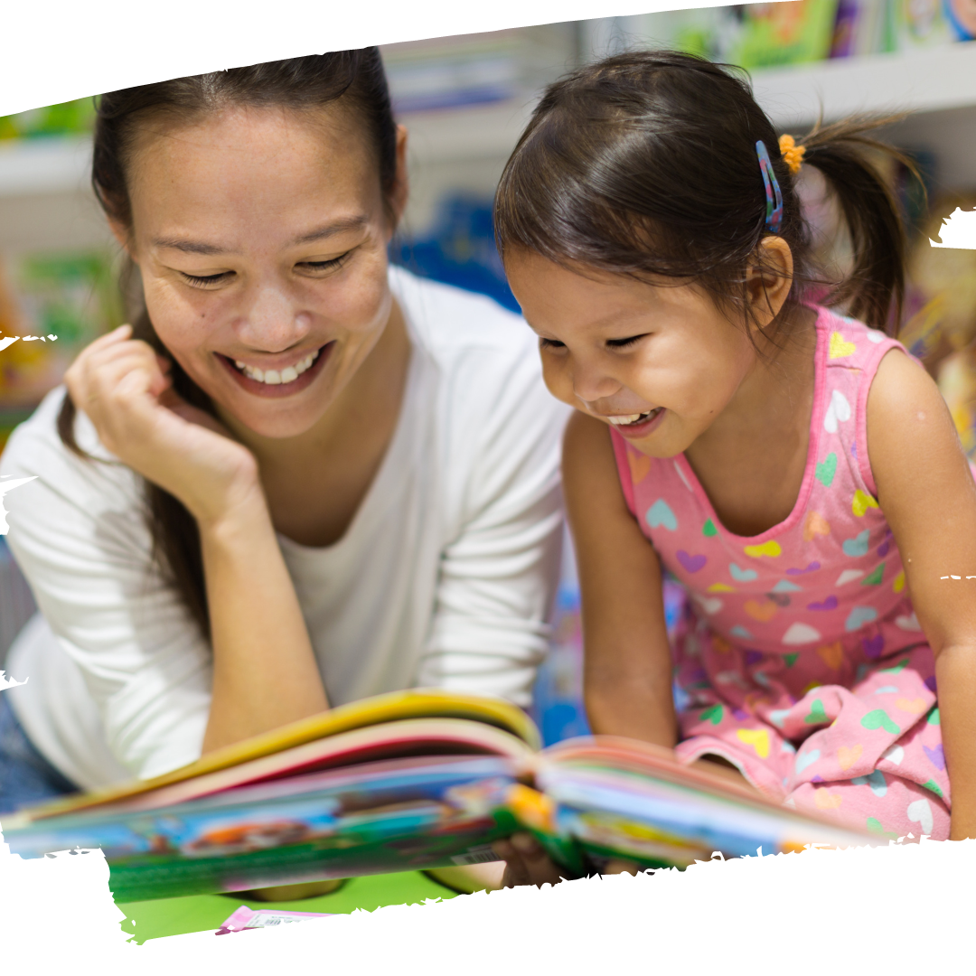 decorative image of mother and daughter reading