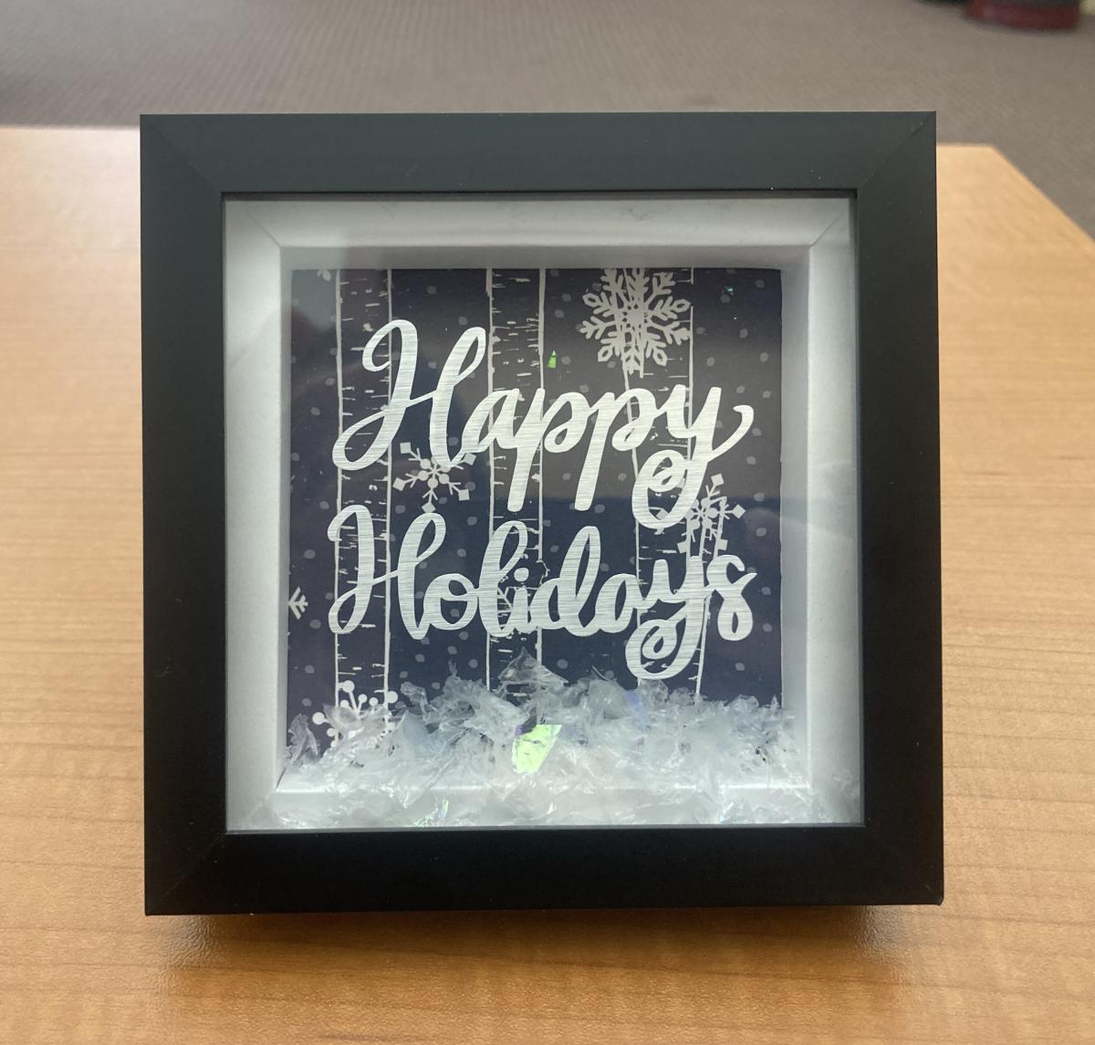 Winter scene shadow box that says "happy holidays"